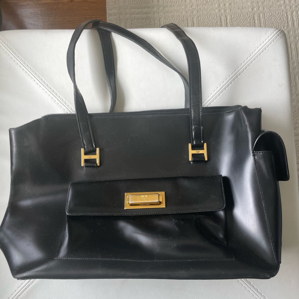 MCM black leather tote bag